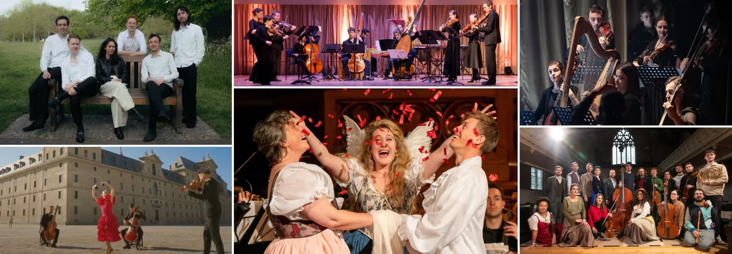 Collage of ensembles in various settings, featuring outdoor concerts, opera performances, chamber music, and group portraits.
